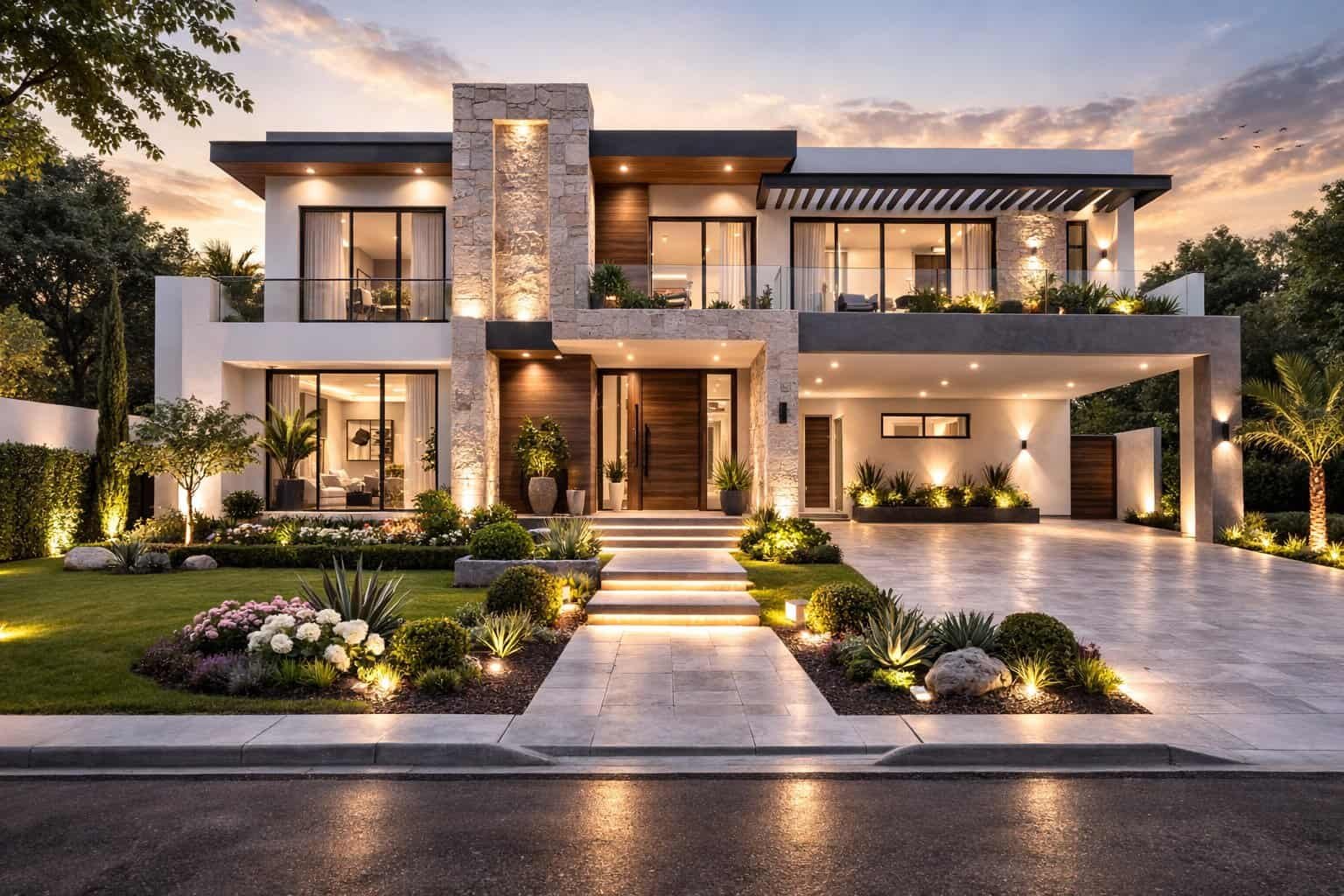 Fachada de casa moderna de dos pisos con diseño contemporáneo con volúmenes rectos, y detalles en cantera de Puebla en muros y columnas, y jardín frontal con paisajismo decorativo.