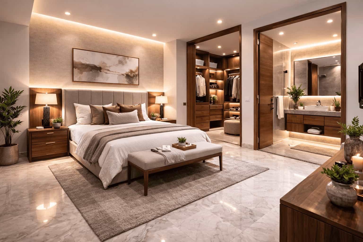 ecámara principal en planta alta con vestidor y baño completo, acabados en madera sólida, iluminación cálida empotrada, pisos de mármol y diseño moderno elegante.