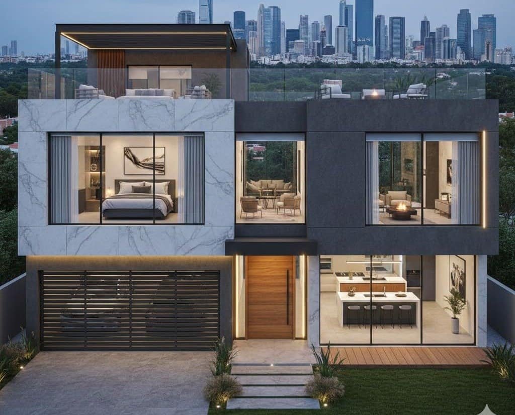 Fachada de casa contemporánea en Sonata con rooftop, acabados en porcelanato tipo mármol y cocina abierta con isla de cuarzo.