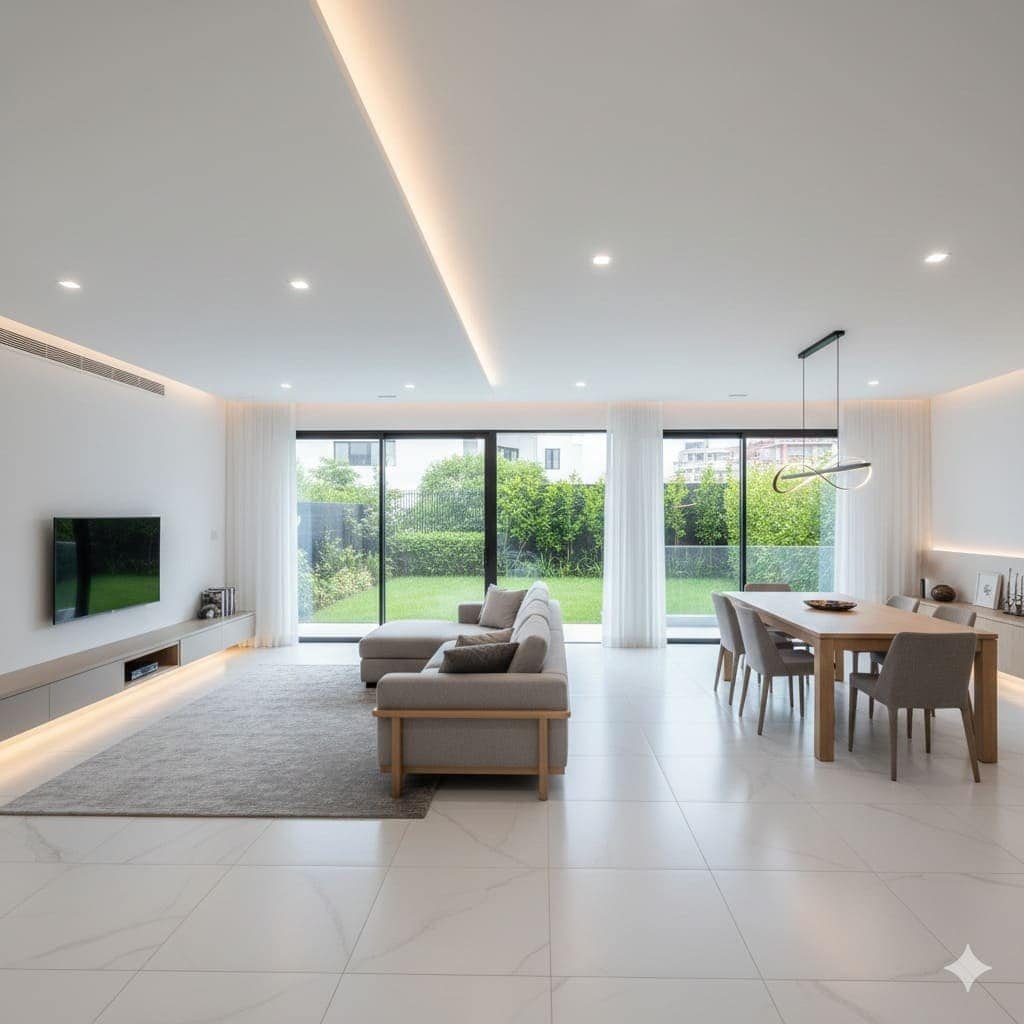 Sala-comedor de concepto abierto con piso porcelánico tipo mármol, iluminación LED indirecta y amplios ventanales con vista al jardín posterior.