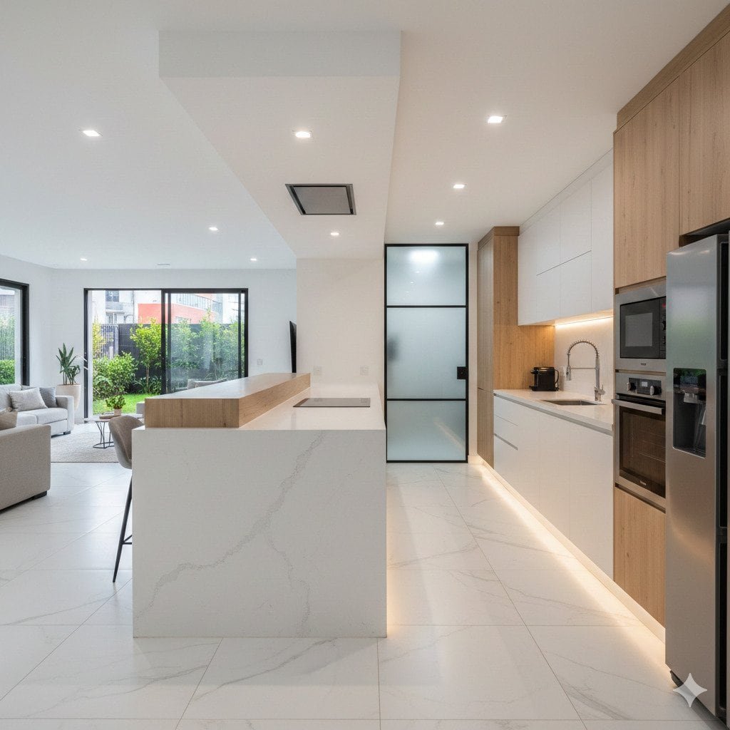 Cocina moderna con isla de cuarzo blanco, piso porcelánico tipo mármol e iluminación LED indirecta en planta baja integrada al jardín.