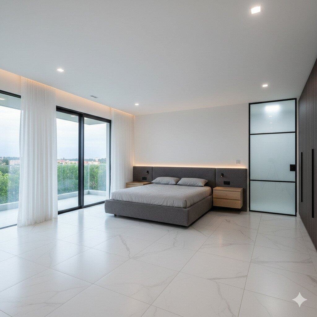 Recámara principal moderna con piso de porcelanato tipo mármol, iluminación LED indirecta y amplio ventanal con cancelería de vidrio templado.