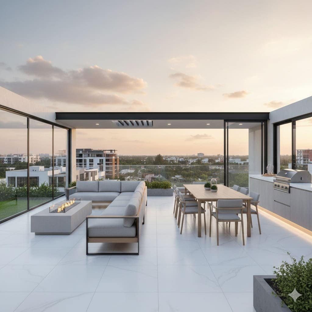 Rooftop con área social, fogatero, comedor exterior y cocina con asador, ofreciendo vistas panorámicas al atardecer.