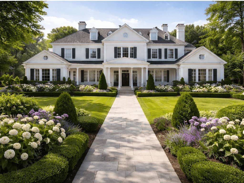 Hermosa residencia blanca con un hermoso jardín frontal
